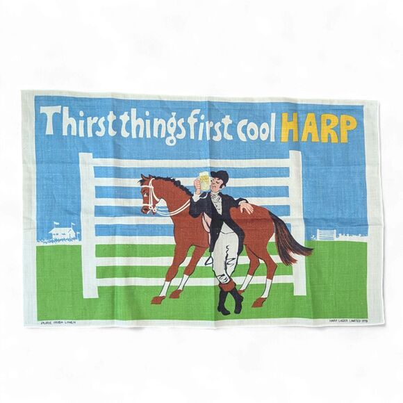Harp Guinness Beer Horse Vintage Irish Linen Tea Towel "Thirst things first" - Picture 1 of 7